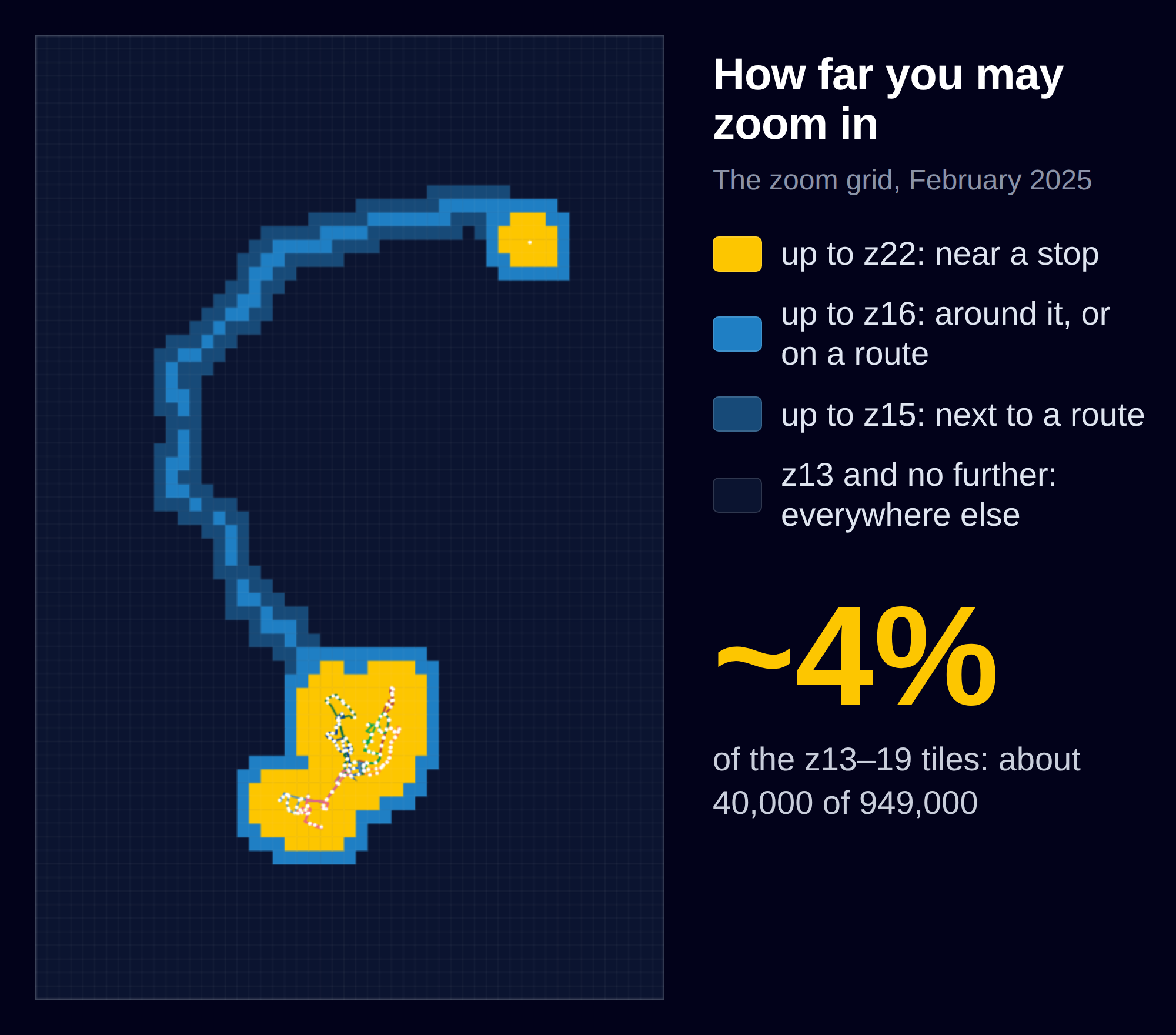 The zoom grid as it shipped: yellow where you can zoom all the way in, blue around it, and z13 everywhere else. The long arm running north is the airport line