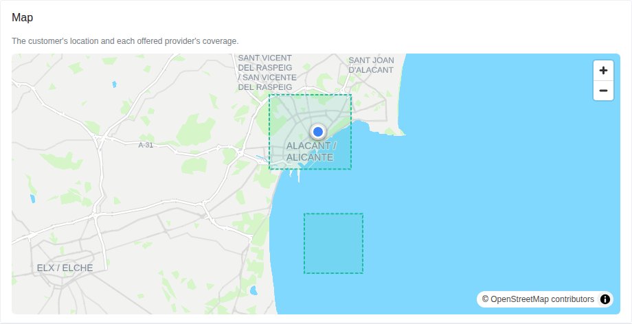 The console on our vector basemap: a test request's pin and two made-up providers' coverage over Alicante, with OpenStreetMap credited in the corner