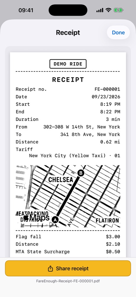 The ride’s receipt, with its route