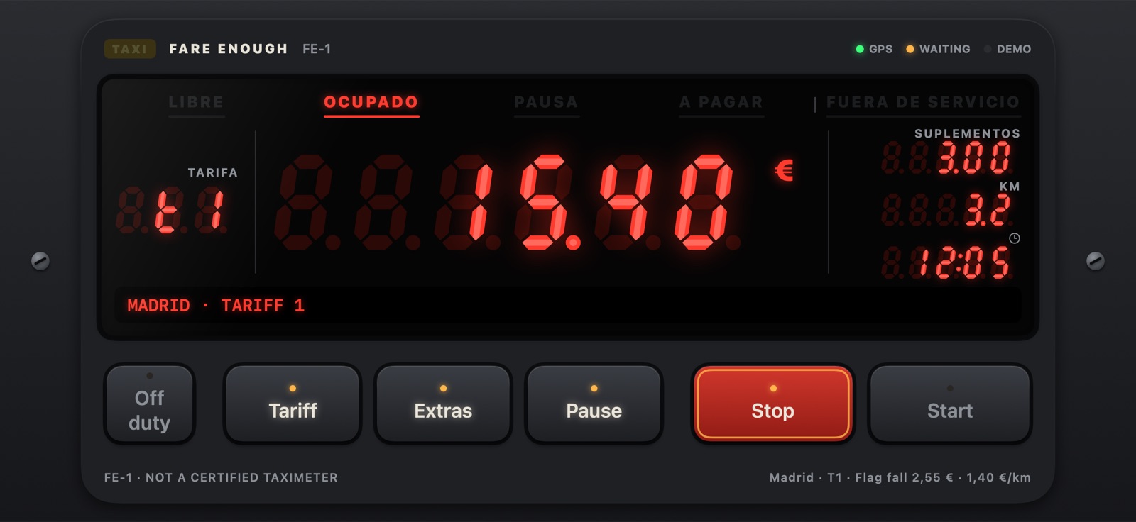 Red LED, mid-ride on Madrid’s tariff 1